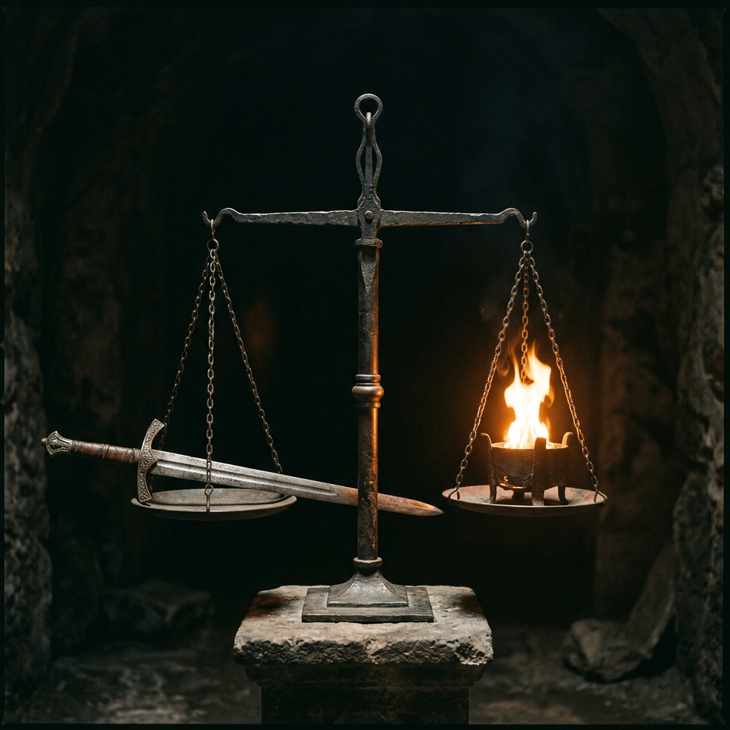 Balance scale with sword on one side and flame on the other