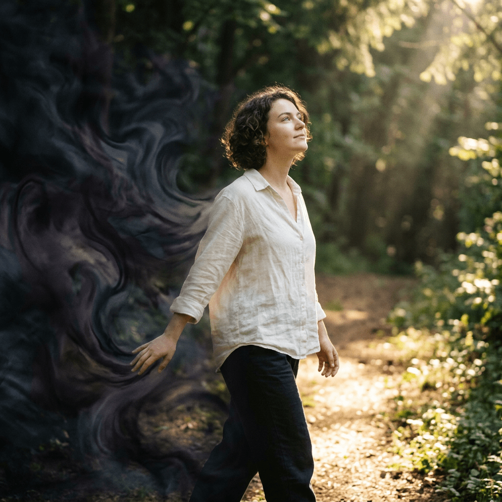 Woman walking on forest path with swirling dark shadows behind